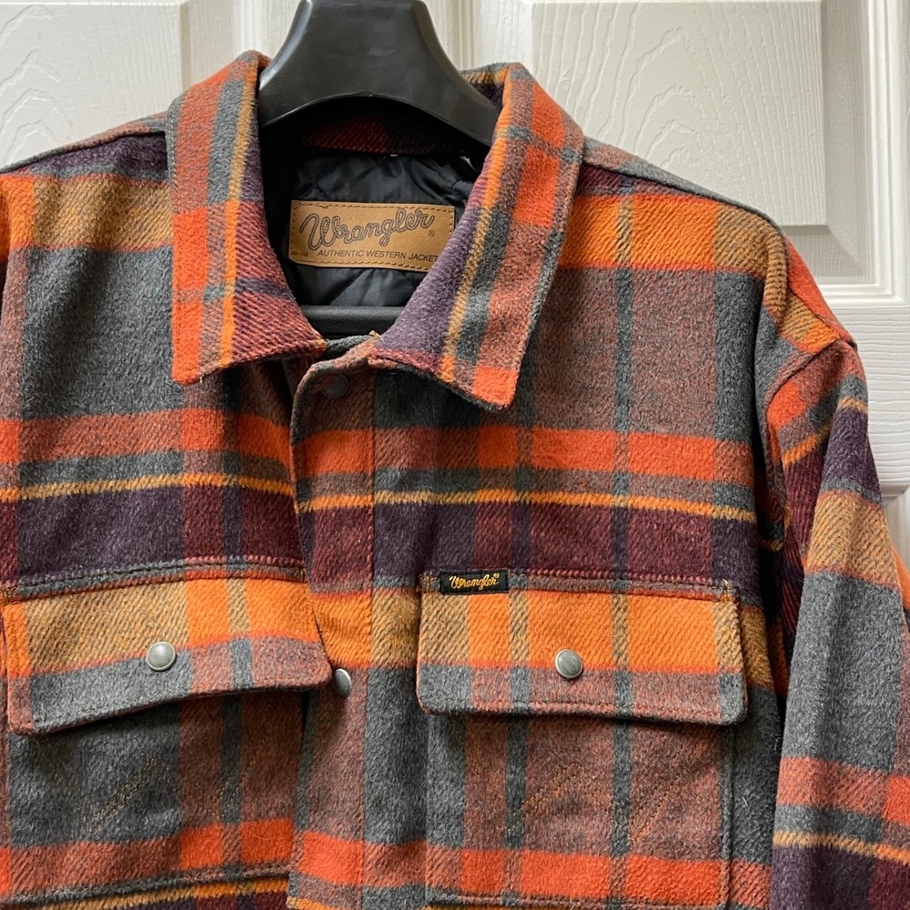 Wrangler Men's XXL Orange Plaid Quilted Lined Flannel Shirt Jacket Plaid Shacket